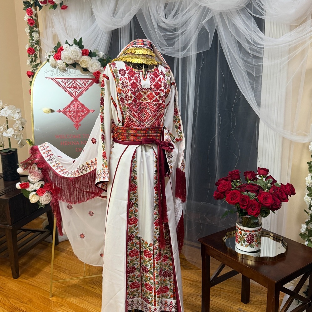Elegant Embroidered Maxi Dress in Red and White